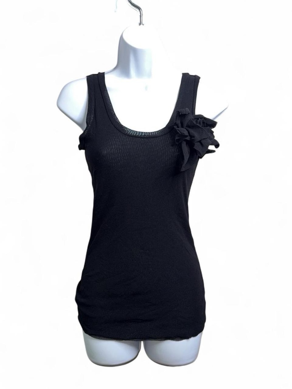 Y2K Sweet Pea Black mesh Scoop Neck Tank with Shoulder Flower